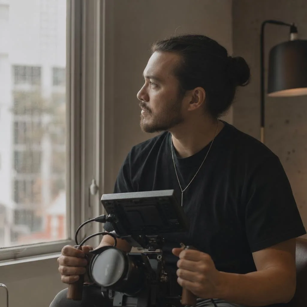 Videographer reviewing footage on a monitor beside a cinema camera