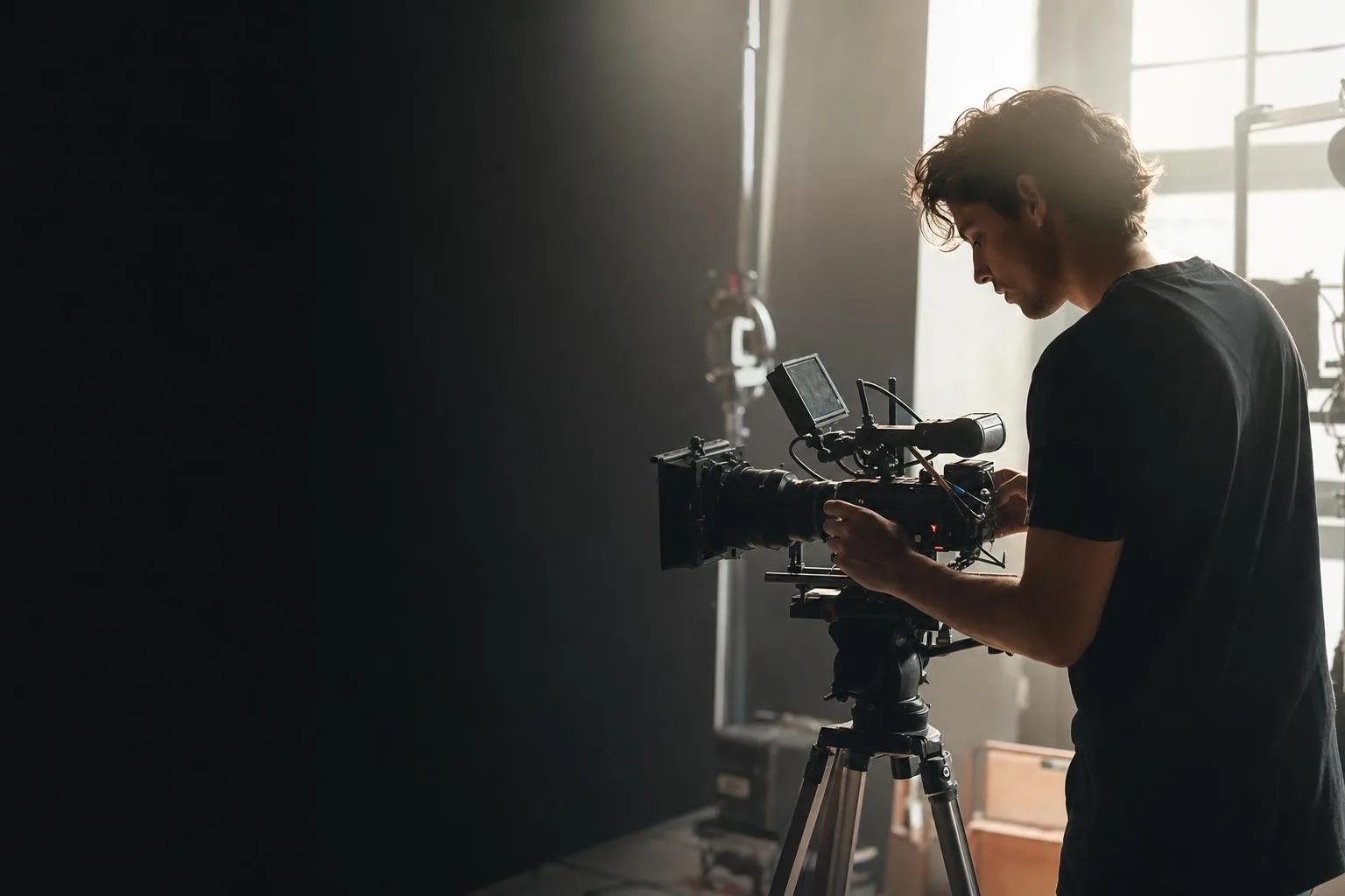 Cinematic 21:9 film still — cinema camera on a gimbal silhouetted in golden-hour haze